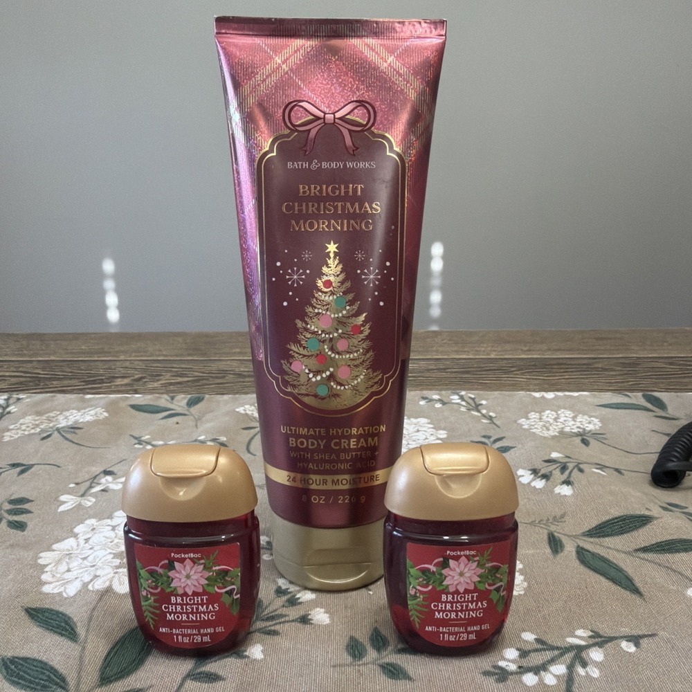 Bath & Body Works Bright Christmas Morning  Body Cream 8 oz & 2 Antibac Hand Gel